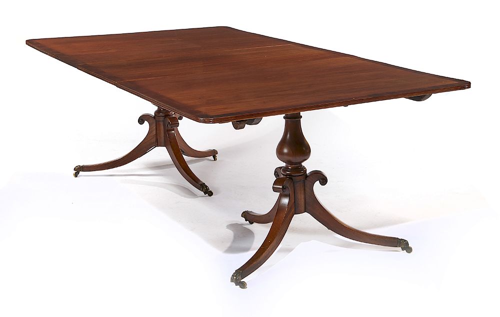 Appraisal: George III style cross-banded mahogany double pedestal dining table George