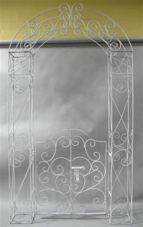 Appraisal: WHITE PAINTED WROUGHT IRON GARDEN ARBOR GATE th century the