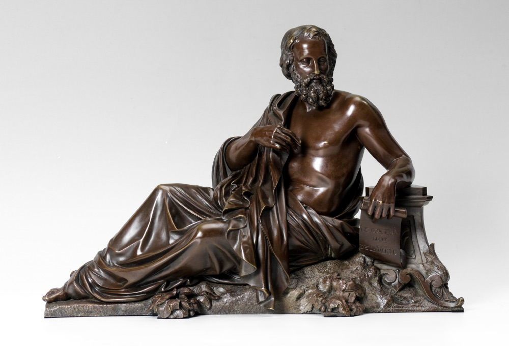 Appraisal: BRONZE RECLINING PHILOSOPHER Philosopher Bronze finely modeled with a long