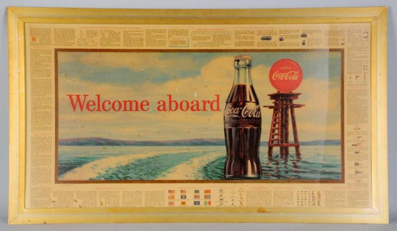 Appraisal: Cardboard Coca-Cola All Aboard Sign Description Metal frame Depicts ocean