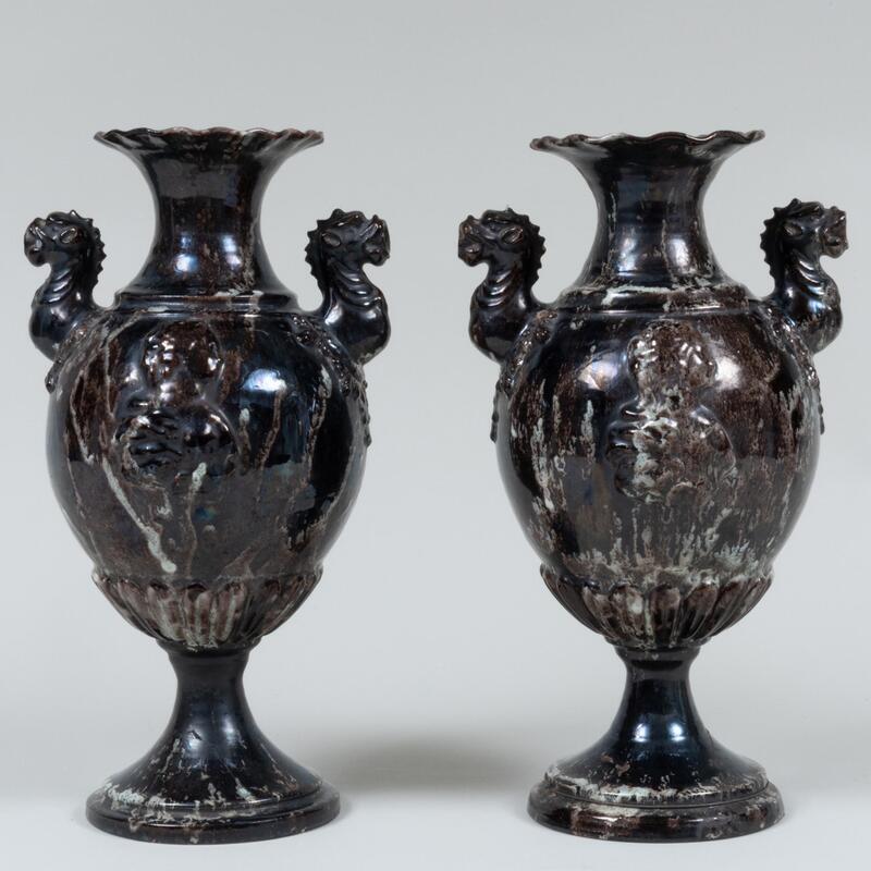 Appraisal: Pair of Neoclassical Style Glazed Pottery Vases Unmarked x x