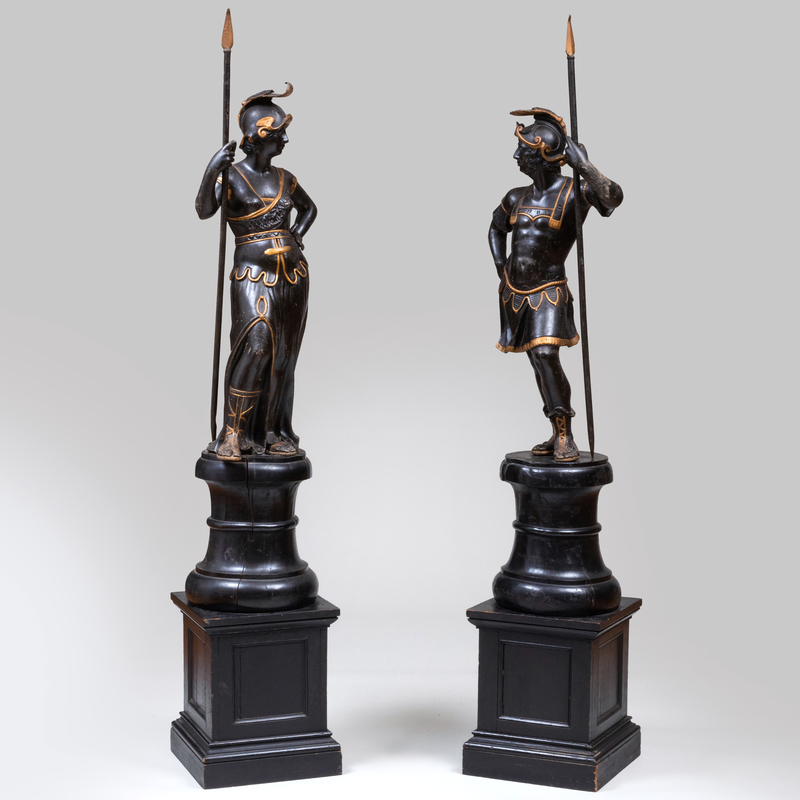 Appraisal: PAIR OF CONTINENTAL PAINTED AND PARCEL-GILT-METAL MILITARY FIGURES ON EBONIZED