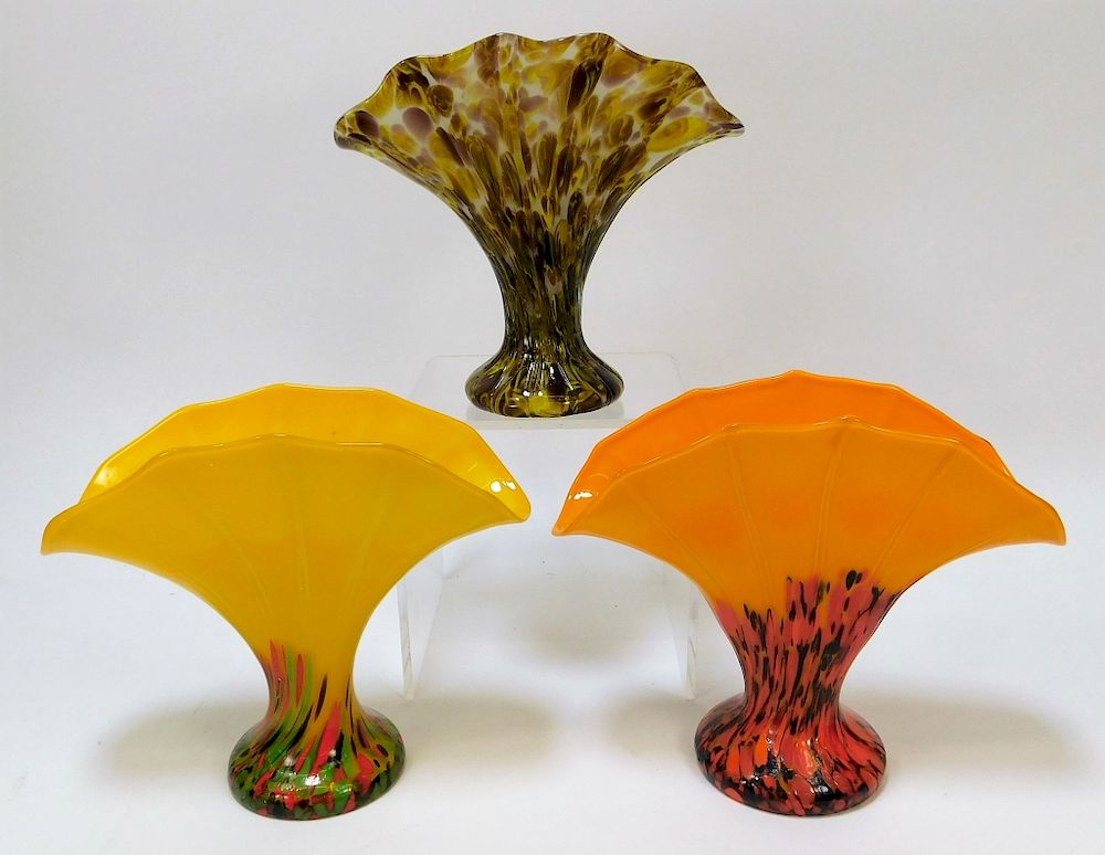 Appraisal: PC Kralik Confetti Fan Bohemian Art Glass Vases Bohemia th