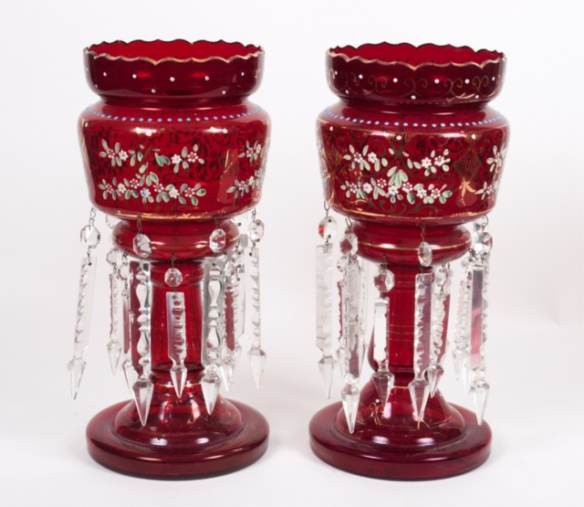 Appraisal: b Pair of Continental ruby glass lustres late th century