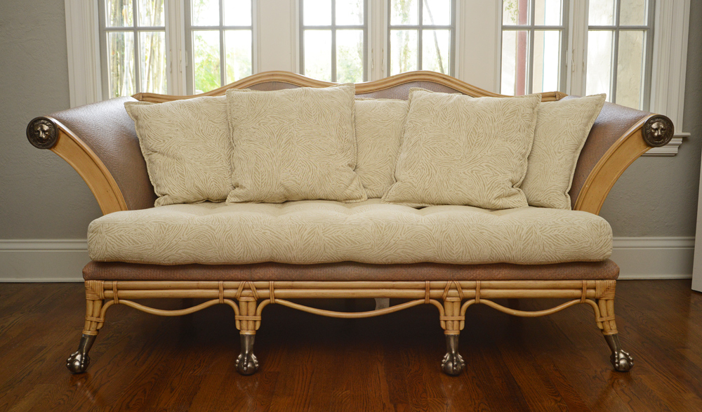 Appraisal: CONTEMPORARY MAITLAND-SMITH RATTAN STYLE SOFA Faux rattan carved wood frame