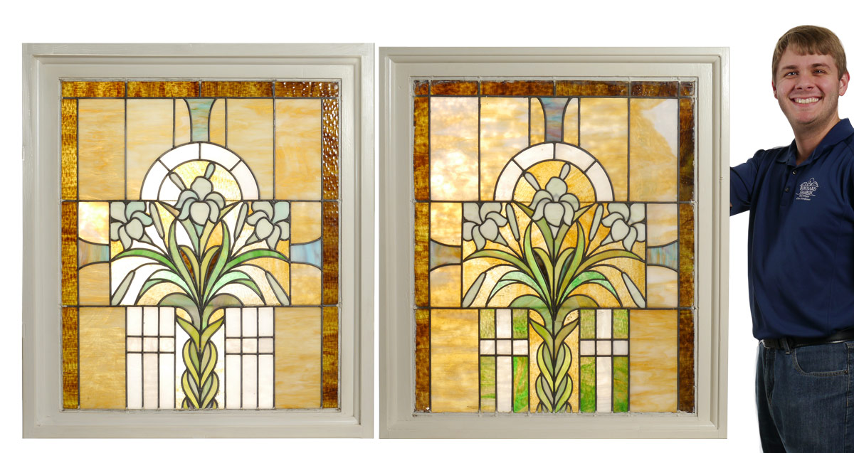 Appraisal: PAIR OF FRAMED STAINED GLASS PANELS Central lily with flowers