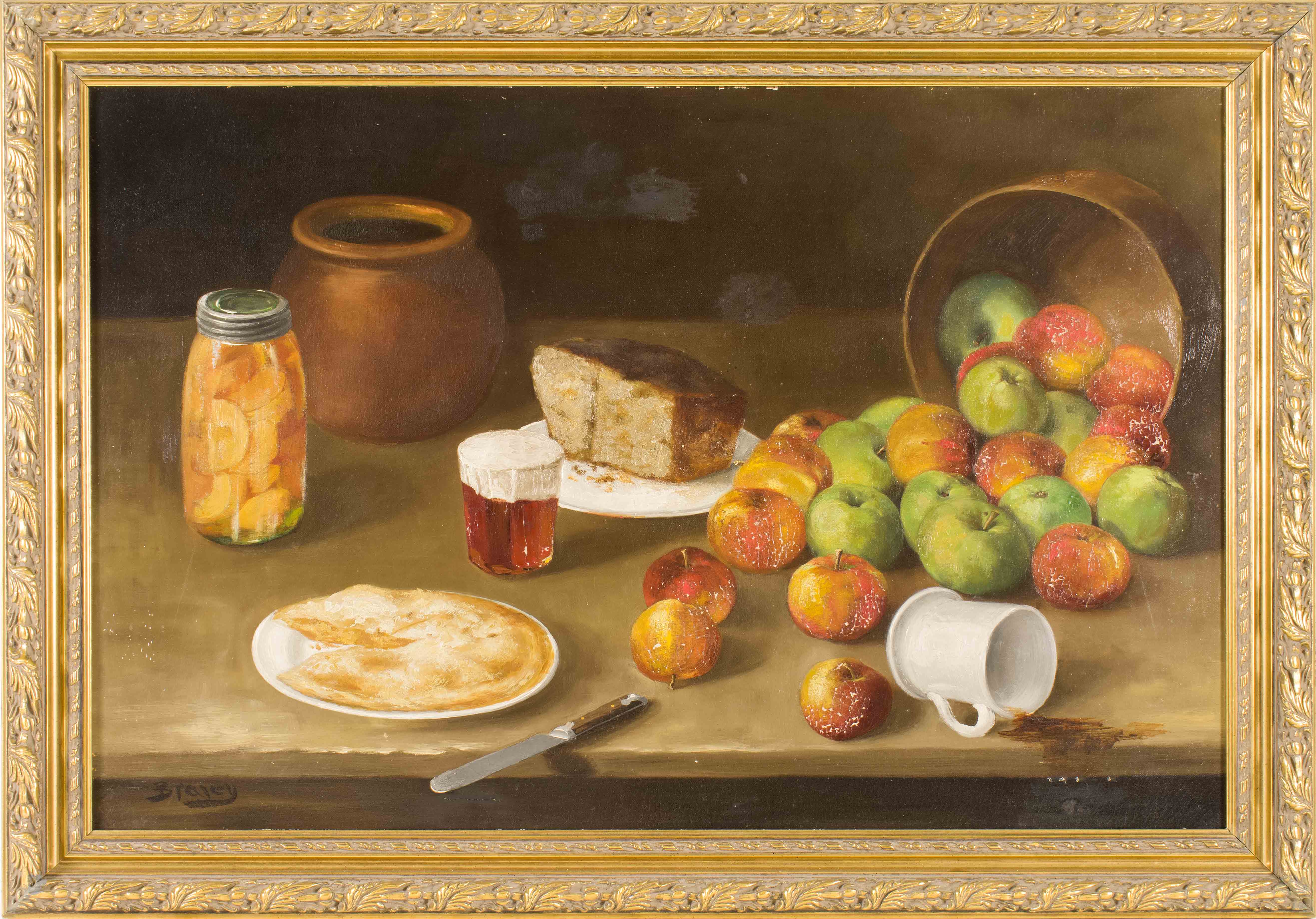 Appraisal: CLARENCE E BRALEYMassachusetts - Still life of apples canned oranges