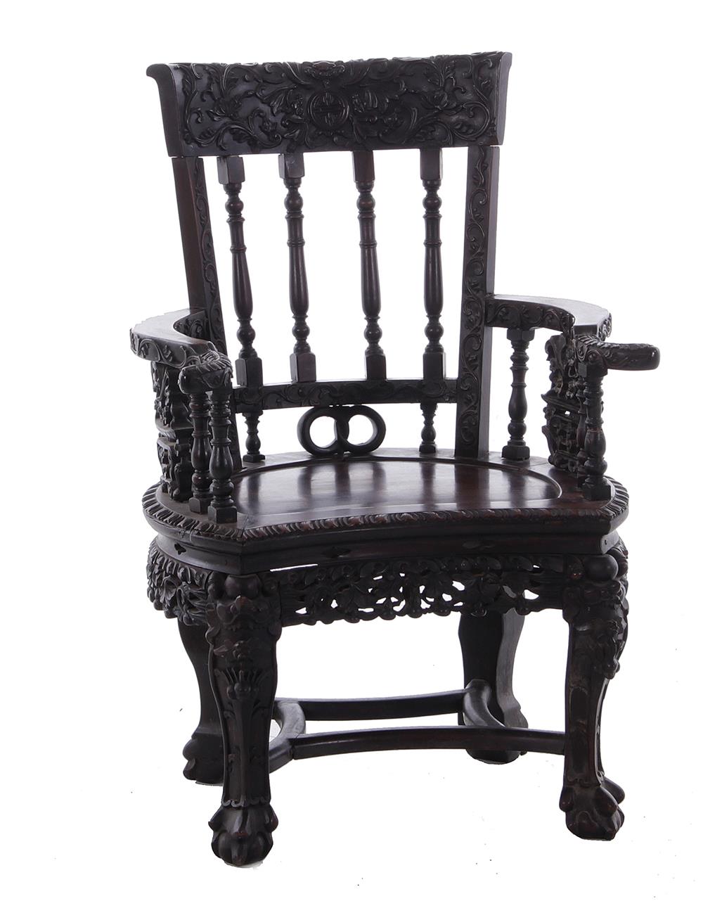 Appraisal: Chinese carved hardwood armchair Qing dynasty concave carved crest turned