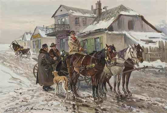 Appraisal: Jan Czeslaw Wasilewski Polish - Village Meeting oil on board