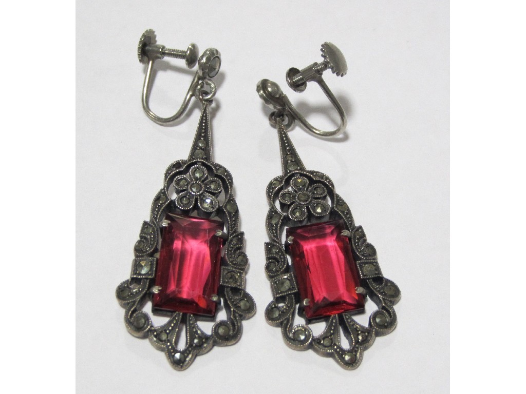 Appraisal: Pair of Art Deco silver marcasite and red paste stone