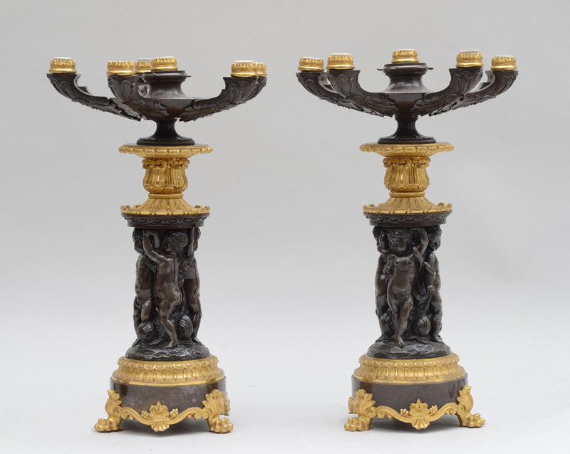 Appraisal: PAIR OF EMPIRE GILT-BRONZE SIX-LIGHT CANDELABRA Each stem comprised of