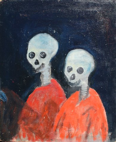 Appraisal: NAIVE SURREAL OIL BOARD PAINTING OF SKELETAL FIGURES CLAD IN