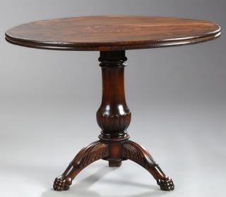 Appraisal: French Empire Carved Inlaid Walnut Tilt Top Table mid th