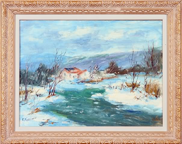 Appraisal: Winter landscape with house along the river oil on canvas