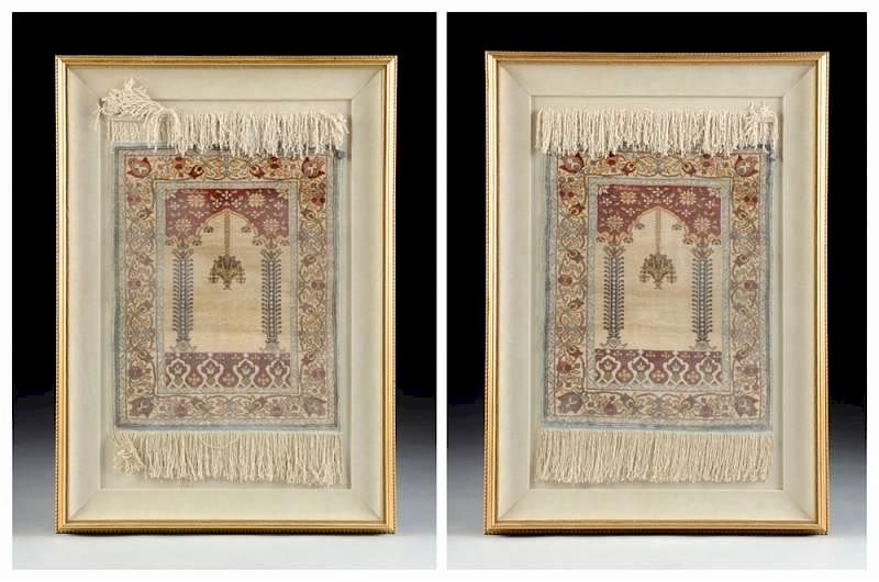 Appraisal: A PAIR OF DIMINUTIVE HIRAKEM SILK RUGS EACH SIGNED AND