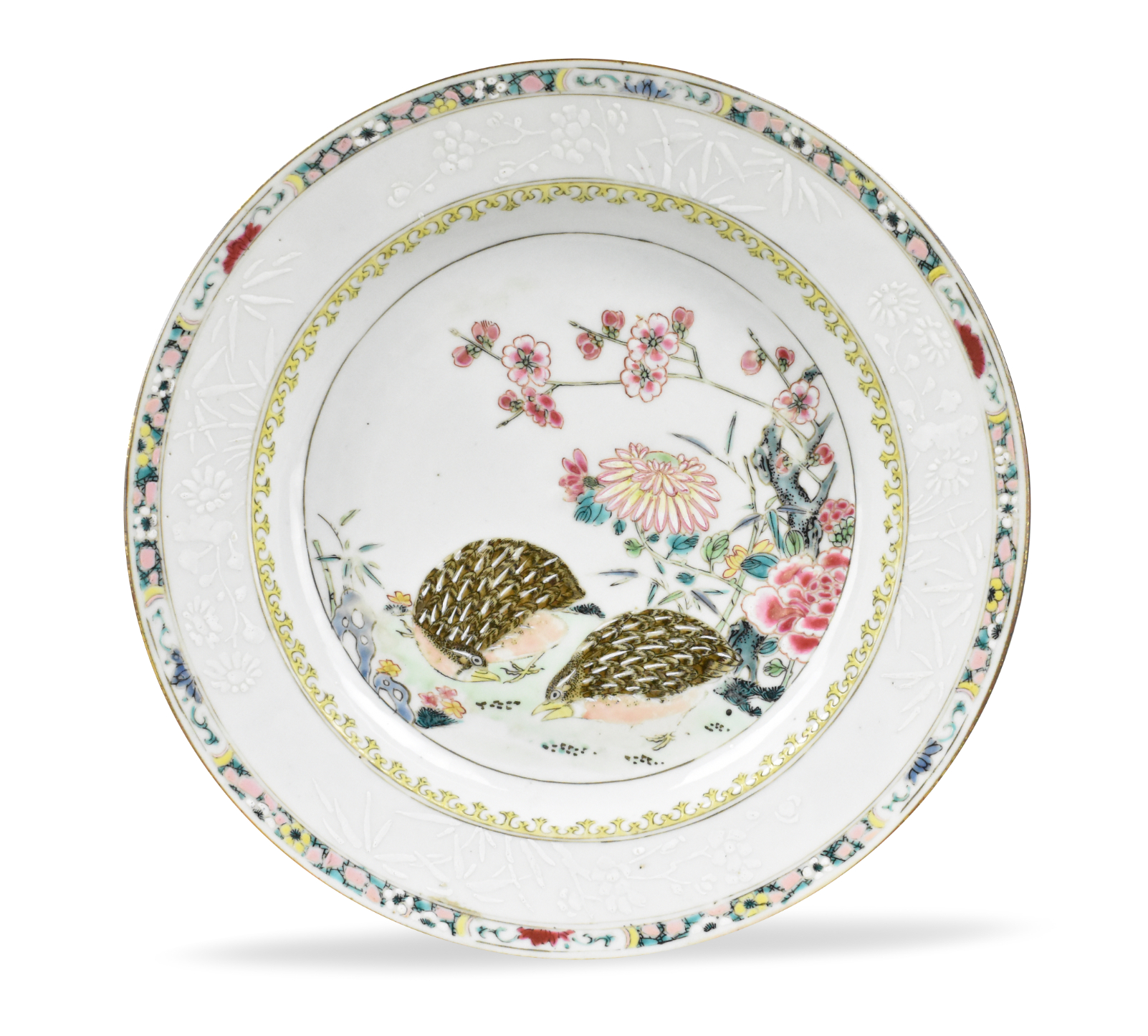 Appraisal: Chinese Yongzheng Period enameled with two quails beside prunus chrysamthemum