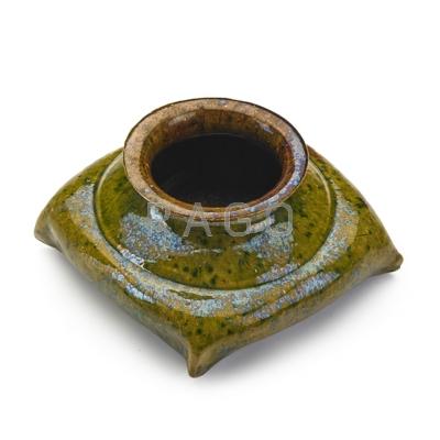 Appraisal: GEORGE OHR Squat four-sided vase green and brown speckled glaze