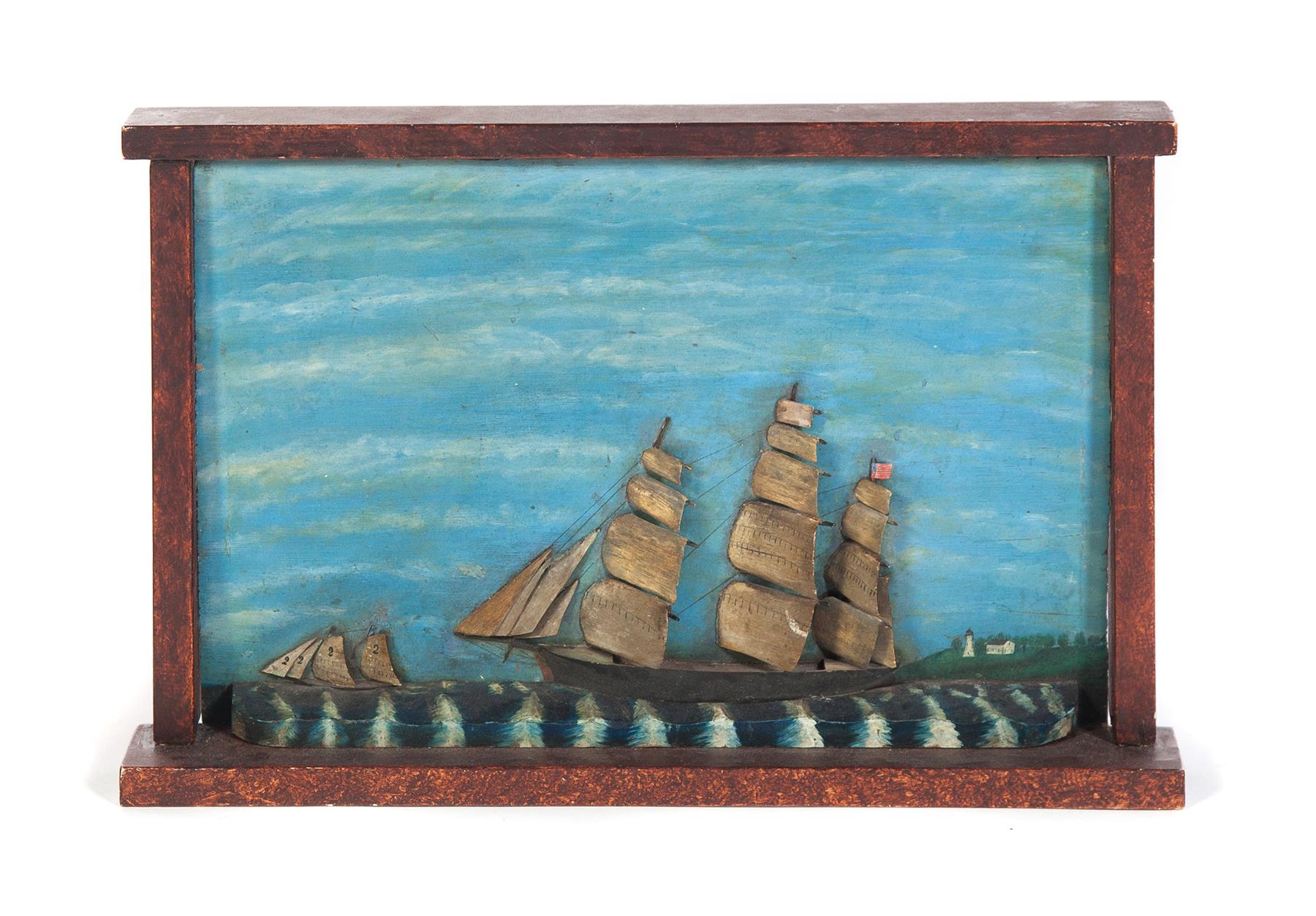 Appraisal: AMERICAN SHIP DIORAMA First half- th century Carved wooden sailing