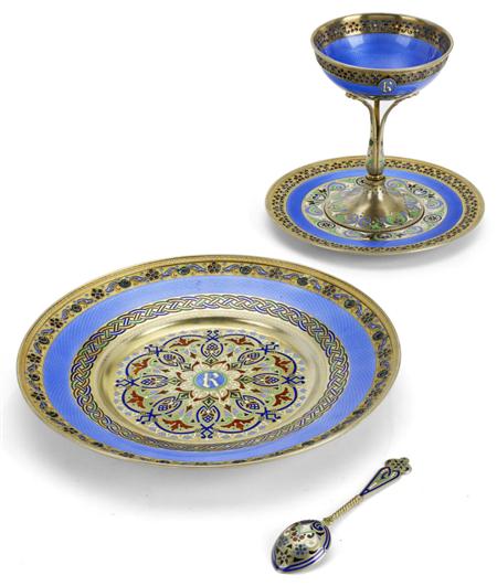 Appraisal: An important Russian silver-gilt and plique- -jour enamel-decorated dinner service