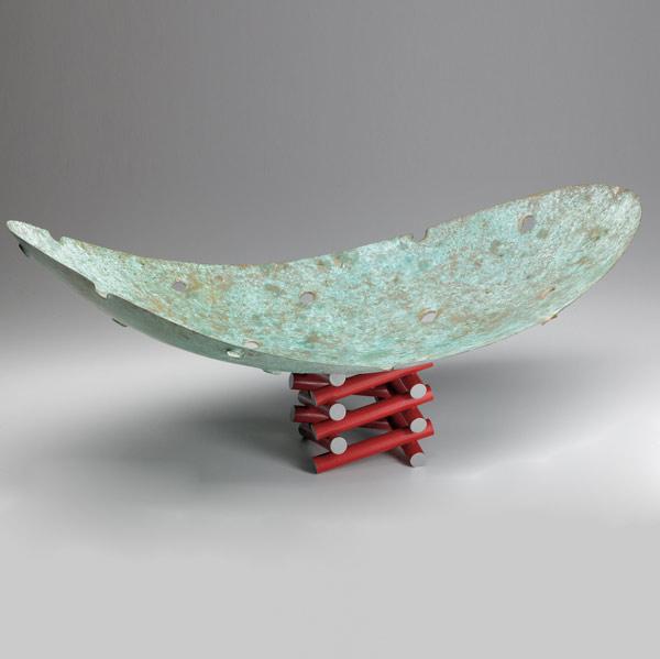 Appraisal: JONATHAN BONNER Sculptural patinated metal dish on stacked red enameled