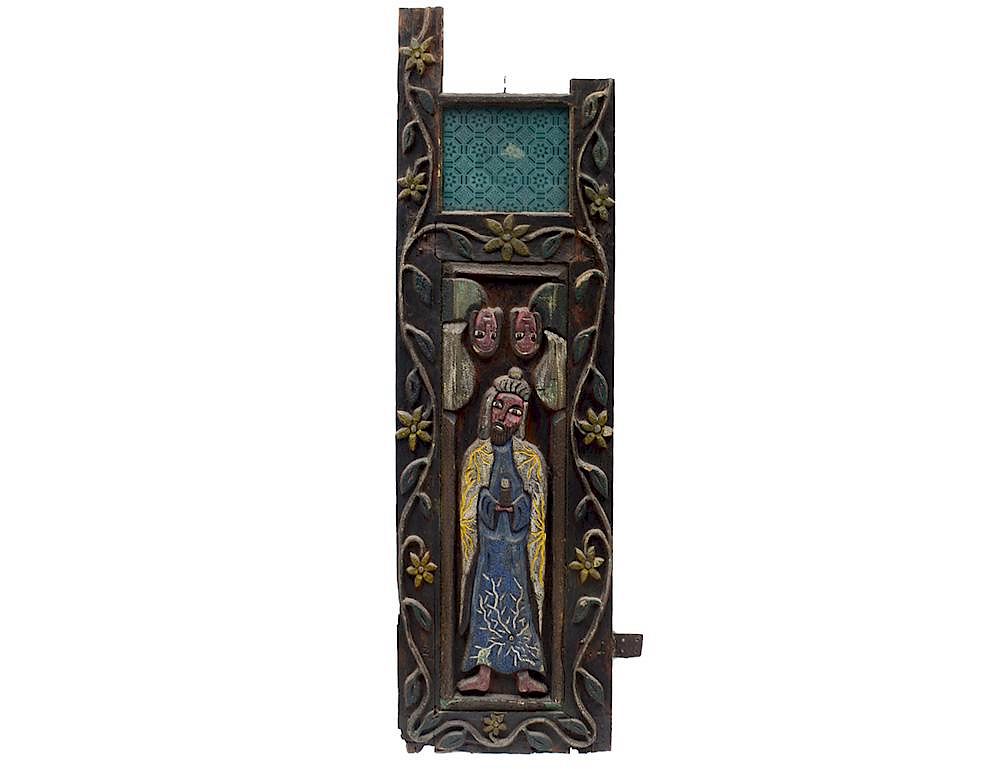 Appraisal: PRIMITIVE CARVED AND PAINTED WOOD DOOR PANEL Centered by the