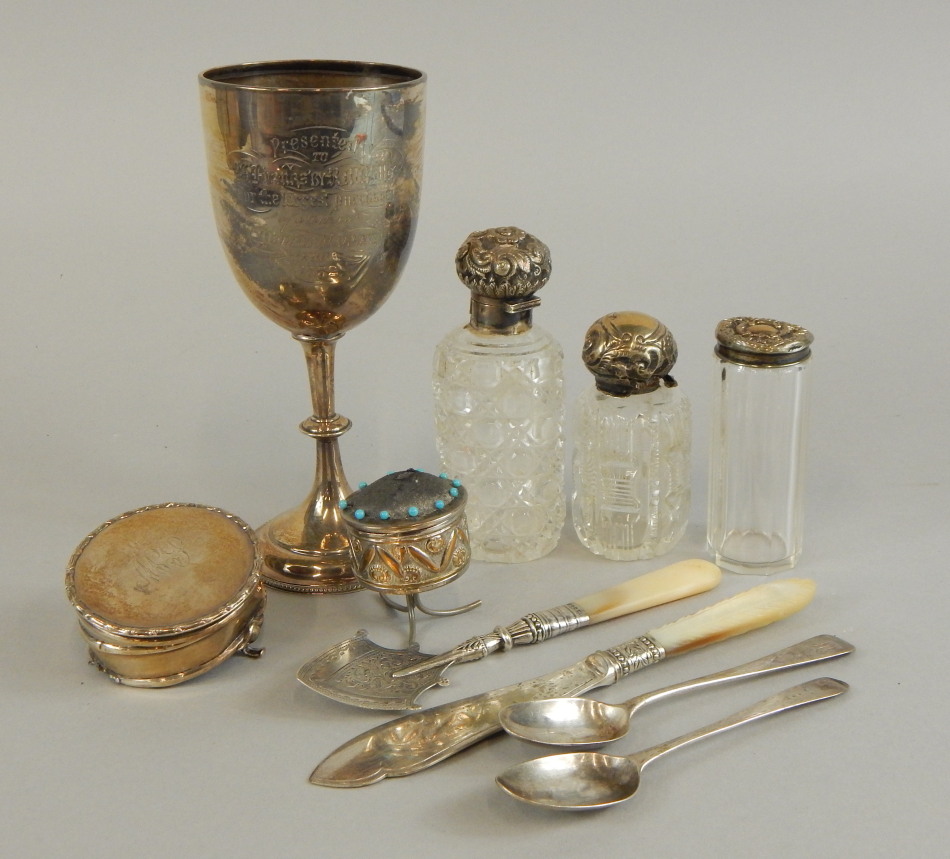 Appraisal: A quantity of small silver to include a Victorian goblet