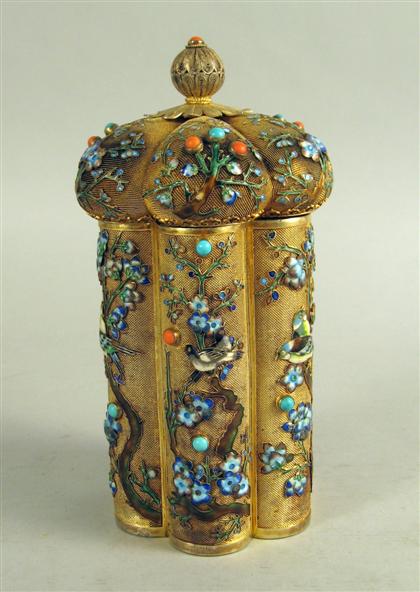 Appraisal: Chinese silver gilt filigree and enameled jar The lobed hexagonal