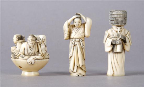 Appraisal: A Group of Three Ivory Netsuke Height of tallest inches