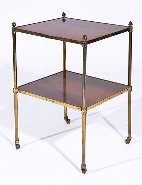 Appraisal: A BRASS AND ROSEWOOD TWO TIER OCCASIONAL TABLE with acorn