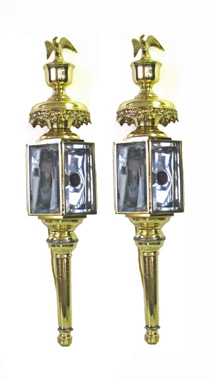 Appraisal: Pair of brass carriage lights with eagle finials th century