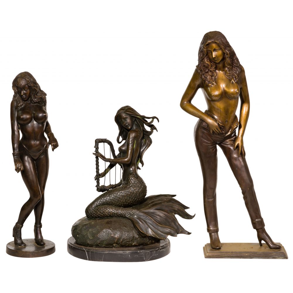 Appraisal: BRONZE SCULPTURE ASSORTMENT nude female figures including in jeans marked