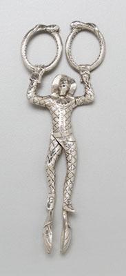 Appraisal: English silver sugar tongs figure of a harlequin with serpent