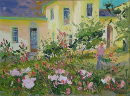 Appraisal: JAMES HARRIGAN SCOTTISH B MEDITERRANEAN GARDEN Signed acrylic on board