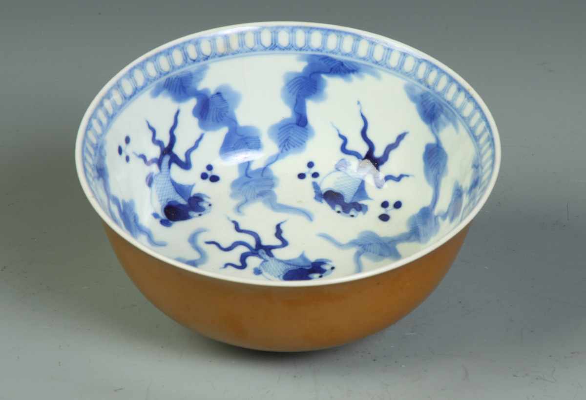 Appraisal: Oriental Bowl Caf au lait glaze fish decoration marked No