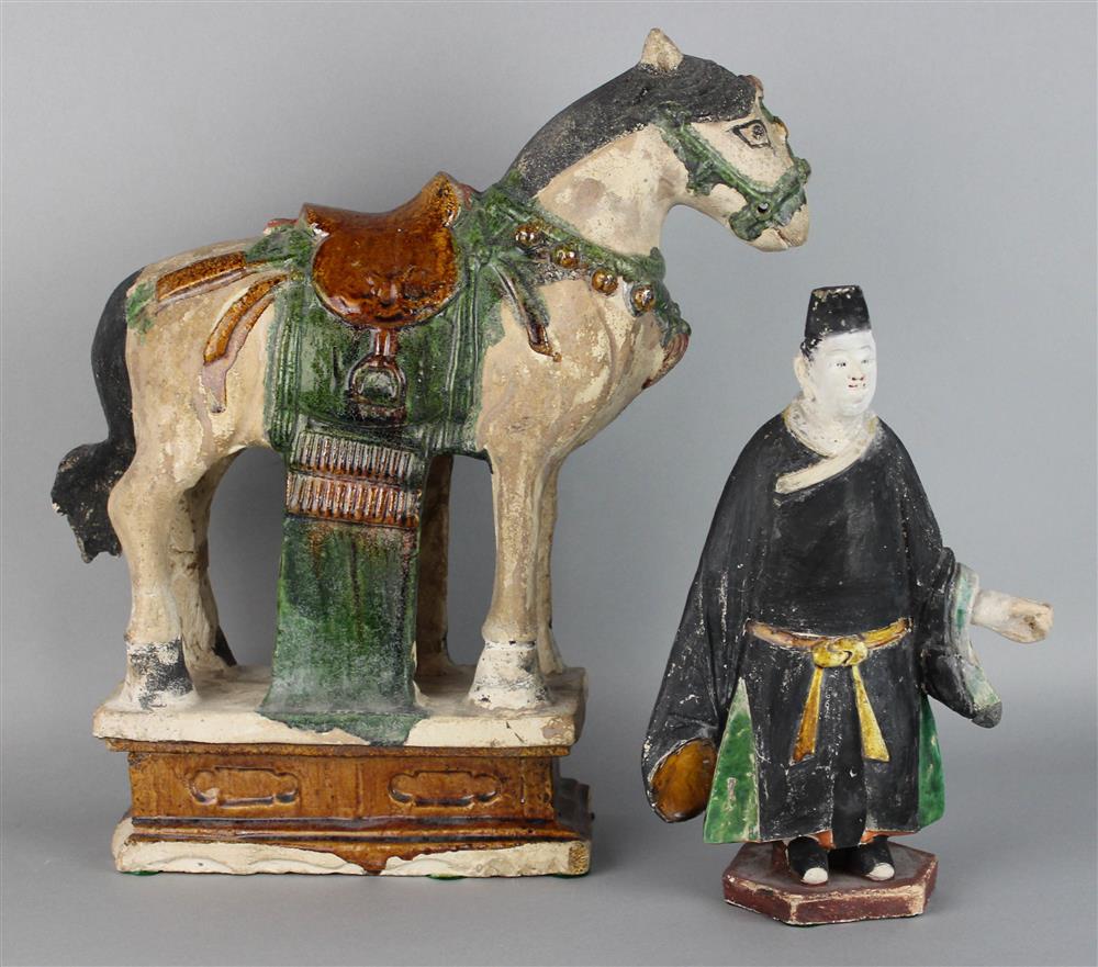 Appraisal: MING DYNASTY PAINTED AND GLAZED POTTERY HORSE the equine standing