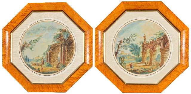 Appraisal: th Century English SchoolPair of circular Italianate landscapes of Classical