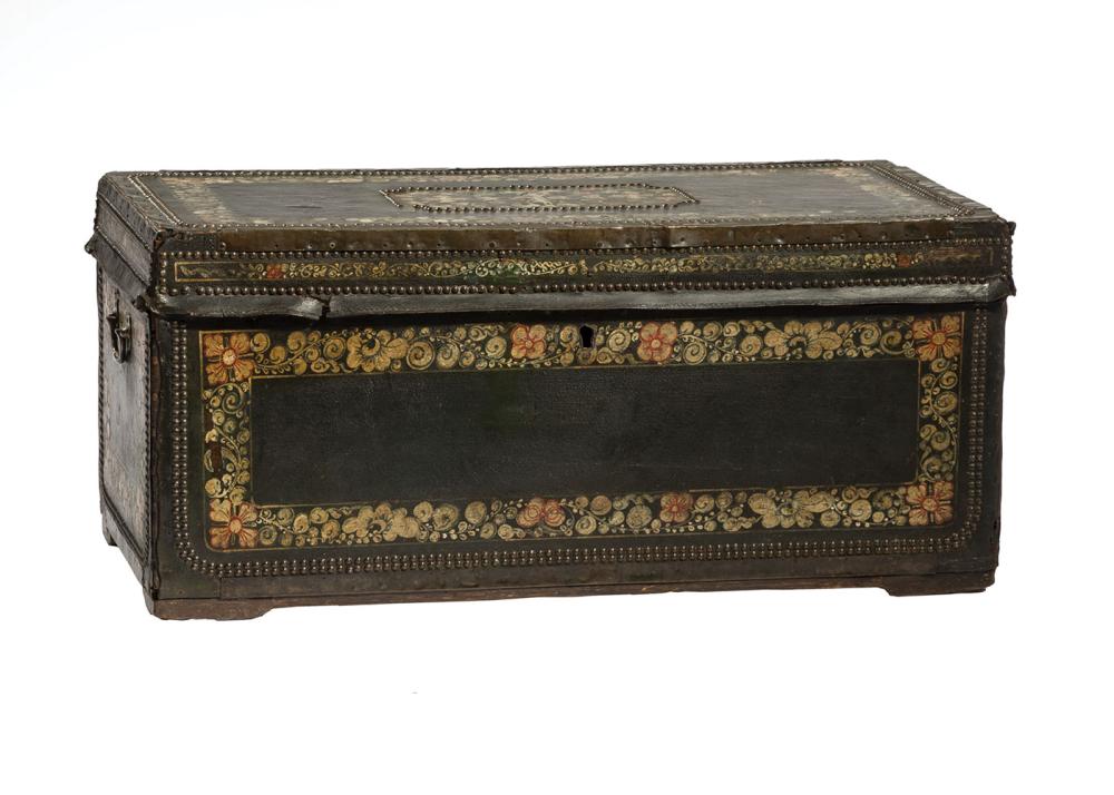 Appraisal: Chinese Export Polychrome Painted Leather Clad Camphorwood Trunk early th