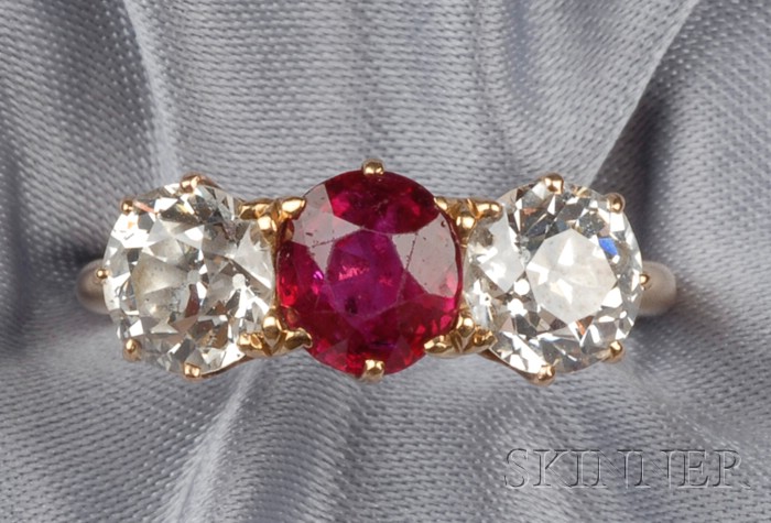 Appraisal: Antique Ruby and Diamond Three-Stone Ring prong-set with an oval-cut