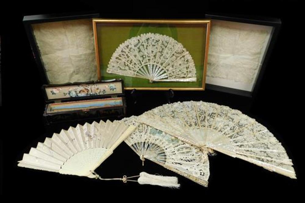 Appraisal: TEXTILES Four th C fans one in fitted Chinese lacquer