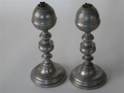 Appraisal: Pair of pewter whale oil lamps roswell gleason dorchester massachusetts