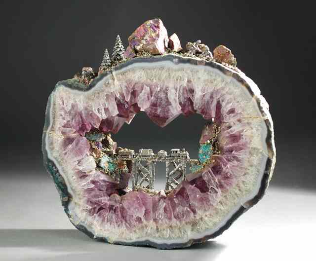 Appraisal: AMETHYST GEODE SLICE WITH MINIATURE TRAIN AND FIGURES in metal