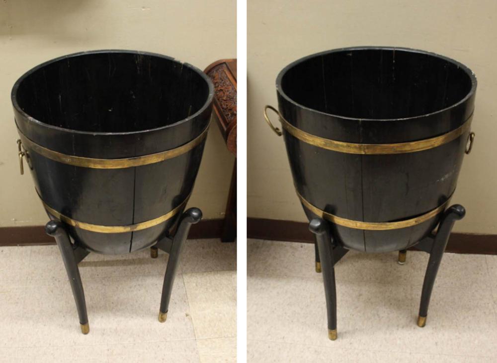 Appraisal: PAIR OF CHINESE BARREL TUBS ON STANDS Hong Kong th