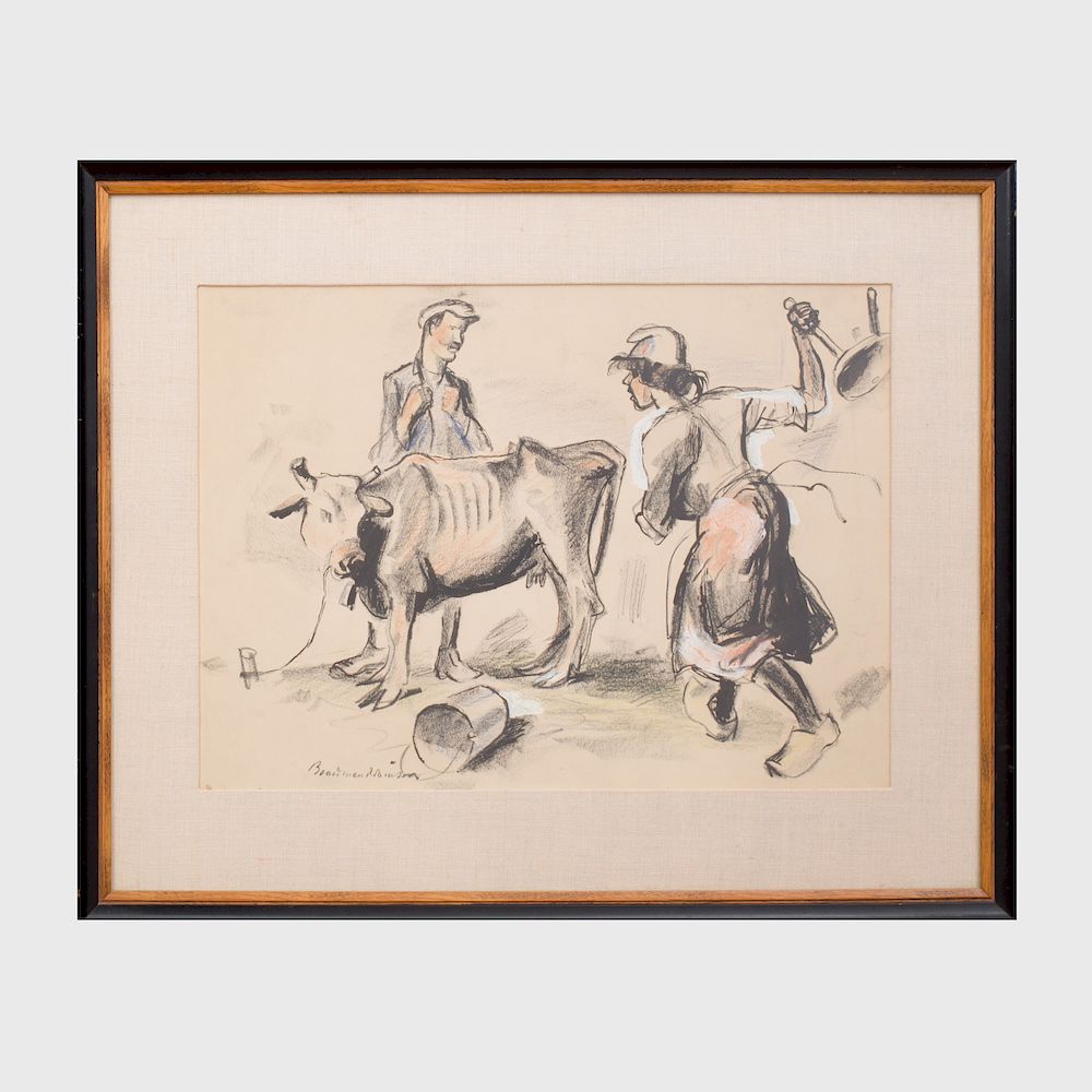 Appraisal: Boardman Robinson - Two Men and a Cow Crayon and