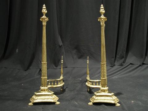 Appraisal: PAIR OF NEOCLASSICALSTYLE BRASS ANDIRONS With fluted corinthean column and