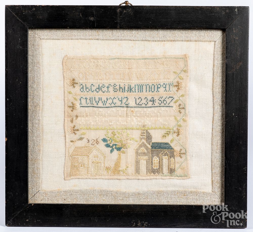 Appraisal: Small silk on linen house sampler th c Small silk