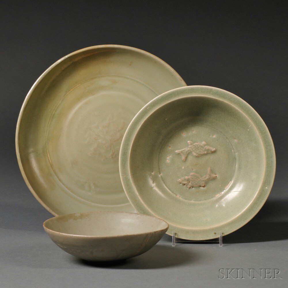 Appraisal: Three Celadon Plates China one decorated with incised lotus leaves