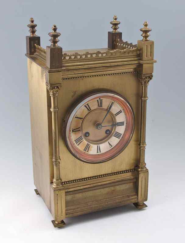 Appraisal: FRENCH BRASS REGULATOR SHELF CLOCK Brass case with top openwork