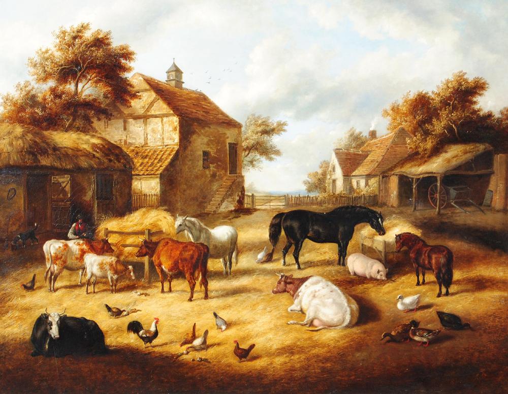 Appraisal: G JACKSON th Century A Farmyard with Animals Feeding oil