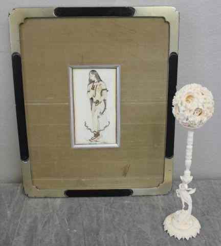 Appraisal: Framed Indian Painting on Bone with an IvoryPuzzle Ball on