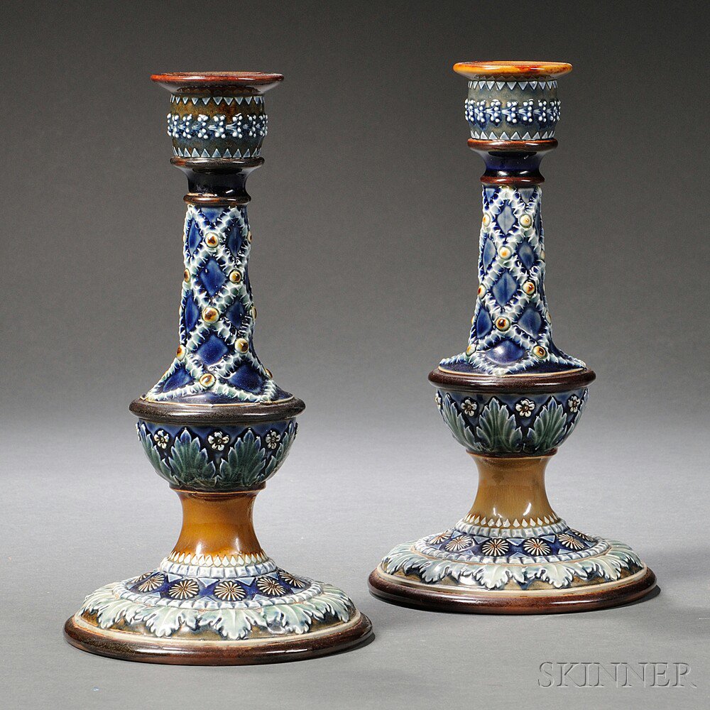 Appraisal: Two Similar Doulton Lambeth Candlesticks England late th century each